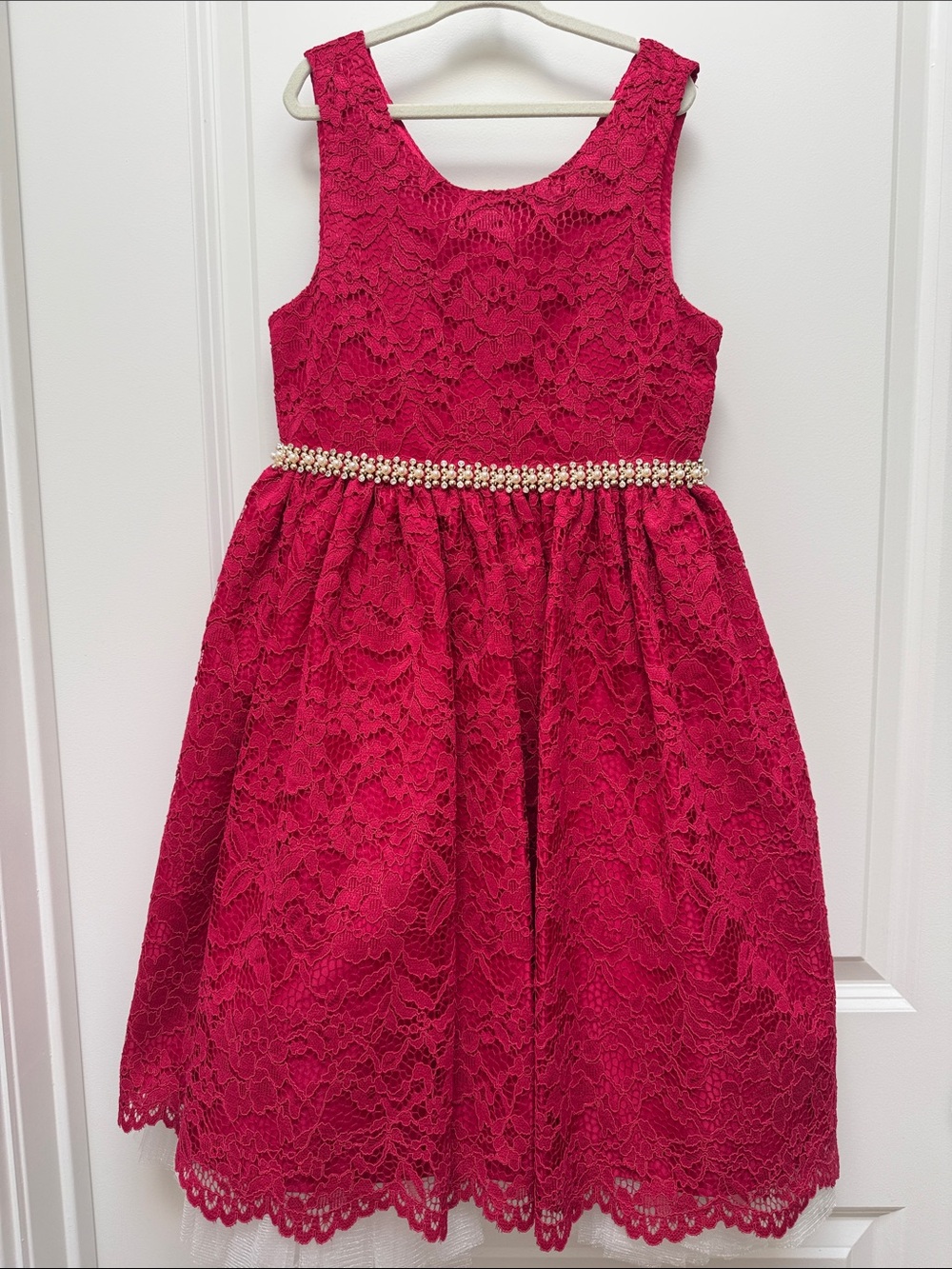 American Princess Red Crochet Lace and Tulle Dress with Pearl and Rhinestones